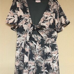 Pink Lily Black Tropical Leaf Tie-Front Romper
